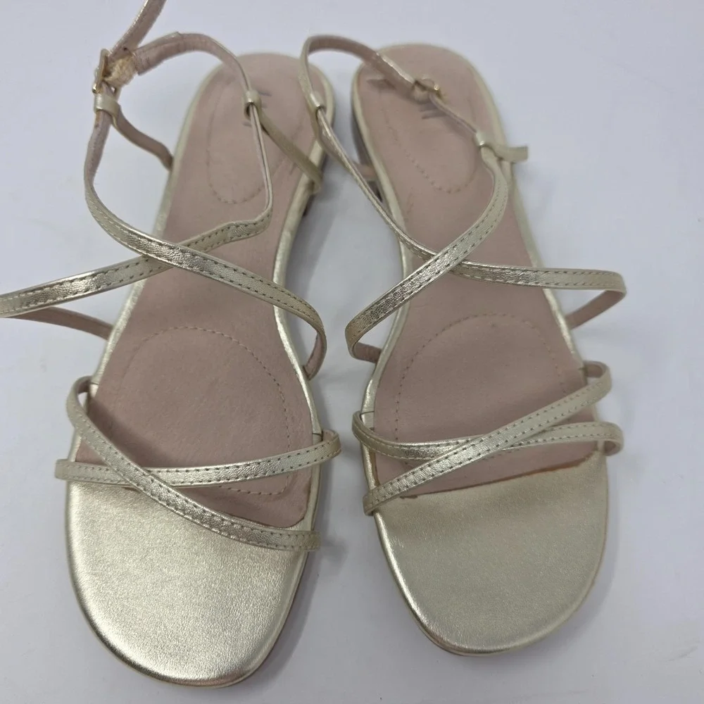 J.Jill Sandals Womens 8.5M Gold Metallic Leather Open Toe Flat Ankle Strap